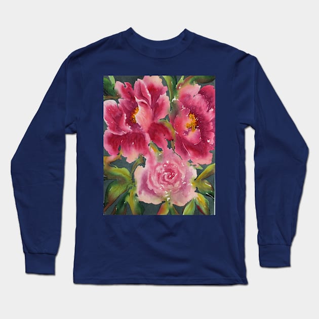 Peony Bloom Watercolor Painting Long Sleeve T-Shirt by SvitlanaProuty